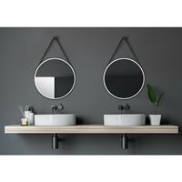 TALOS White Style Badspiegel, rund, Ø 50 cm - Badezimmerspiegel - weiß - Aufhängeband in Lederoptik, schwarz