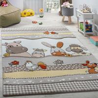 PACO HOME Kinderteppich Kinderzimmer Lustige Bauernhof Tiere Konturenschnitt Beige Grau 80x150 cm