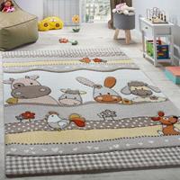 PACO HOME Kinderteppich Kinderzimmer Lustige Bauernhof Tiere Konturenschnitt Beige Grau Ø 120 cm Rund