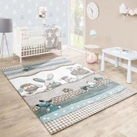 PACO HOME Kinderteppich Kinderzimmer Konturenschnitt Farm Tiere Beige Creme Pastellfarben 80x150 cm