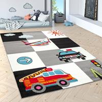 PACO HOME Kinderteppich Spielteppich Polizei Feuerwehr Flugzeug Karo Creme Grau Schwarz 160x220 cm