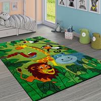 PACO HOME Kinderteppich Kinderzimmer Dschungel Tiere Giraffe Löwe Affe Nilpferd Grün 120x170 cm