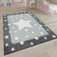 PACO HOME Kinderteppich Grau Weiß Kinderzimmer 3-D Bordüre Sternen Design Weich Robust 133 cm Quadrat