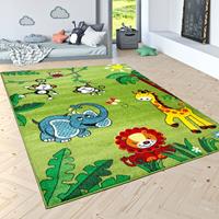 PACO HOME Kinderteppich Spielteppich Dschungel Tiere Palmen Affe Elefant Giraffe Löwe Grün 160x220 cm