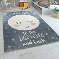 PACO HOME Kinderteppich Kinderzimmer Mädchen Waschbar Sterne Niedlicher Mond Spruch Grau 80x150 cm