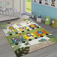 PACO HOME Kinderteppich Bunt Grün Zoo Tiere Lokomotive Zug Dschungel 3-D Effekt Kurzflor 80x150 cm