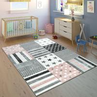 PACO HOME Kinderteppich Kinderzimmer Konturenschnitt Stern Muster Rosa Grau Pastellfarben 160x230 cm