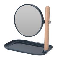 Badkamerspiegel / make-up spiegel rond dubbelzijdig navy blauw met opbergbakje L22 x B14 x H23 -