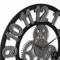 Lw Collection Wandklok Levi grijs cijfers 40cm - Wandklok met tandwielen - IndustriÃ«le wandklok stil uurwerk