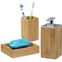 RELAXDAYS 3 teiliges Badgarnitur Set, aus Bambus, Seifenspender nachfÃ¼llbar, Seifenschale Seifenablage, Zahnputzbecher eckig, natur