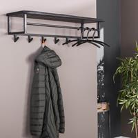 LifestyleFurn Kapstok Yena Acaciahout en metaal, met 6 haken en plank - Massief acacia zwart