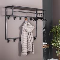 LifestyleFurn Kapstok Yena Acaciahout en metaal, met 12 haken en plank - Massief acacia zwart