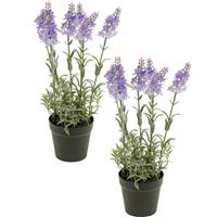 Set van 2x stuks lila paarse lavendel Lavandula kunstplanten in kunststof pot 28 cm -