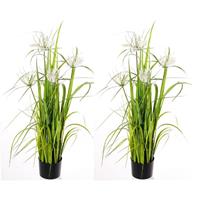 Shoppartners 2x Groene grasplant kunstplanten 110 cm in zwarte pot -