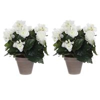 Mica Decorations 2x stuks witte Begonia kunstplant 30 cm in grijze pot -