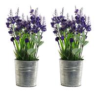 Items 2x stuks lavendel kunstplanten/kamerplanten paars in grijze sierpot H28 cm x D18 cm -