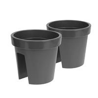 Set van 2x stuks kunststof balkon plantenpotten/bloempotten antraciet 28 x 25 cm - Reling/hang bloempot