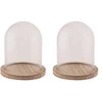 2x Glazen decoratie stolpen op houten plateau 10 x 16 cm - Home Deco stolpen - Woonaccessoires