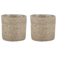 Mica Decorations 2x stuks naturel rotan planten/bloemen pot mand van gedraaid jute/riet H16 en D16 cm - Met plastic binnenkant