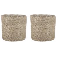 Mica Decorations 2x stuks naturel rotan planten/bloemen pot mand van gedraaid jute/riet H16 en D16 cm - Met plastic binnenkant