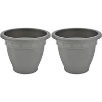 Hega Hogar 2x Grijze ronde plantenpotten/bloempotten Redonda 30 cm kunststof - Onbreekbare plantenbakken/bloembakken - Tuin decoraties
