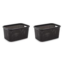 Forte Plastics 2x stuks kunststof open rotan mand van 35 liter in het donkerbruin - Badkamer wasmand/opslag manden - 53 x 36 x 26 cm