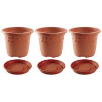 Hega Hogar 3x stuks bloempotten met onder opvangschaal in kleur terra cotta - rond diameter pot 29 cm - Plantenpotten/bakken