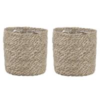 Mica Decorations 2x stuks naturel rotan planten/bloemen pot mand van gedraaid jute/riet H12 en D12 cm - Met plastic binnenkant