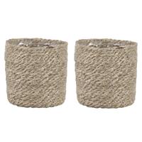 Mica Decorations 2x stuks naturel rotan planten/bloemen pot mand van gedraaid jute/riet H12 en D12 cm - Met plastic binnenkant