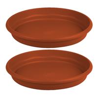 Hega Hogar Set van 2x stuks bloempot/plantenpot terra cotta onderschaal/opvangbord kunststof diameter 14 cm.