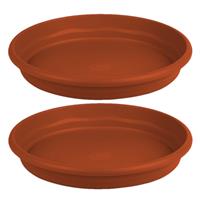 Hega Hogar Set van 2x stuks bloempot/plantenpot terra cotta onderschaal/opvangbord kunststof diameter 22 cm.