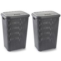 Forte Plastics 2x stuks grote rotan wasmand/opbergmand met deksel 60 liter in kleur lichtGrijs