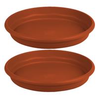 Hega Hogar Set van 2x stuks bloempot/plantenpot terra cotta onderschaal/opvangbord kunststof diameter 26 cm.