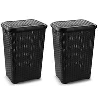 Forte Plastics 2x stuks grote rotan wasmand/opbergmand met deksel 60 liter in kleur Zwart