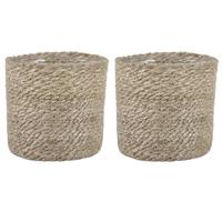 Mica Decorations 2x stuks naturel rotan planten/bloemen pot mand van gedraaid jute/riet H14 en D14 cm - Met plastic binnenkant