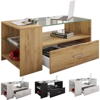 Hioshop Tindala salontafel met glazen blad, 1 lade, 3 plankenHoning eiken decor.