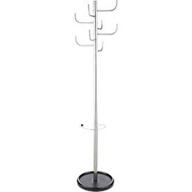 Staande kapstokken, 8 haken, met parapluhouder en afdruipschaal, H 1720 x Ø 390 mm, metaal, zilver metallic