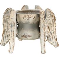 Clayre & Eef Kandelaar Vleugels 21*19*15 cm Grijs, Beige, Wit Hout Rond Kaarsenstandaard Kaarsenhouder