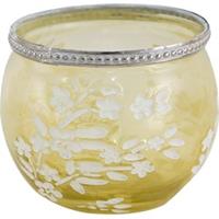 Clayre & Eef Glazen Theelichthouder Ø 10*9 cm Geel, Wit Glas, Metaal Rond Bloemen Waxinelichthouder Windlichthouder