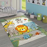 PACO HOME Kinderzimmer Teppich Bunt Grün Fröhliche Tiere Zoo Dschungel Muster 3-D Design Ø 120 cm Rund