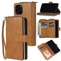 huismerk Voor iPhone 12 / 12 Pro Rits portemonnee tas horizontale flip pu lederen koffer met houder & 9 kaartslots & portemonnee & Lanyard & Photo Frame(Bruin)