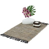 RELAXDAYS Flickenteppich, 60 x 110 cm, Baumwolle & Leder, Teppichläufer mit Fransen, rutschfest, Fleckerlteppich, grau - 
