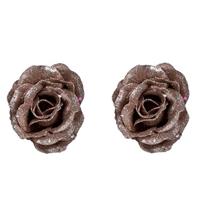 Bellatio 2x Oud roze roos met glitters op clip 7 cm - kerstversiering
