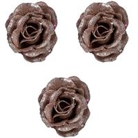 Bellatio 6x Oud roze roos met glitters op clip 7 cm - kerstversiering