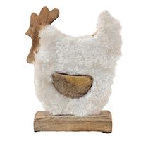 Clayre & Eef Decoratie Beeld Haan 15*5*19 Cm Wit, Bruin Hout, Textiel Decoratief Figuur Decoratieve Accessoires