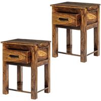 WOMO-DESIGN Nachtkastje Set van 2 Chennai 45x35x60cm Natuurlijke Sheesham massief hout Unieke handgemaakte bijzettafels Set Tafels met lade en plank Nachtkastje Woonkamer Tafel Koffie Tafel