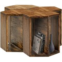 WOMO-DESIGN Salontafel set van 4 Suzhou 30x30x35 cm zeshoekig, natuurlijk, massief hout mango hout, uniek handgemaakt, landelijke stijl, 4-delige set tafel woonkamer tafel bijzettafel bank tafel bloem