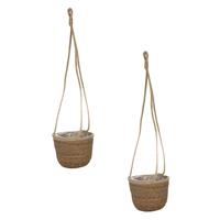 Shoppartners Set Van 2x Stuks Hangende Plantenpot/bloempot Van Jute/zeegras Dia 17 Cm En Hoogte 14 Cm Camel Bruin - Plantenpotten