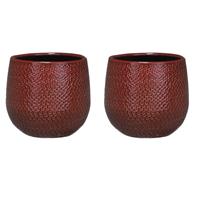 Mica Decorations Set Van 2x Stuks Bloempotten Bordeaux Rood Ribbels Keramiek Voor Kamerplant H12 X D14 Cm - Plantenpotten