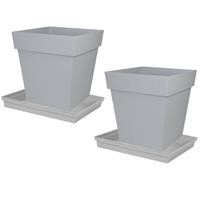 Shoppartners Set Van 2x Stuks Bloempotten Toscane Vierkant Kunststof Grijs 39 X 39 X 39 Cm Inclusief Onderschalen - Plantenpotten